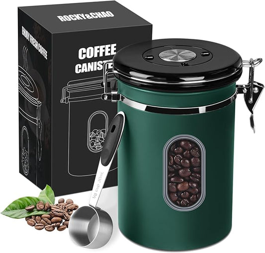 ROCKY&CHAO Airtight Coffee Canister with Date Tracker & Transparent Window, 22OZ Large Tea Coffee Canisters, Coffee Storage Canister