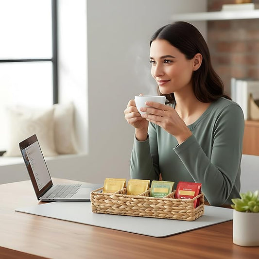 Trovea Wicker Tea Organizer and Storage Box, 4-Compartment Water Hyacinth Tea Bag Holder for Tea Bar, Drawer, and Countertop Organization
