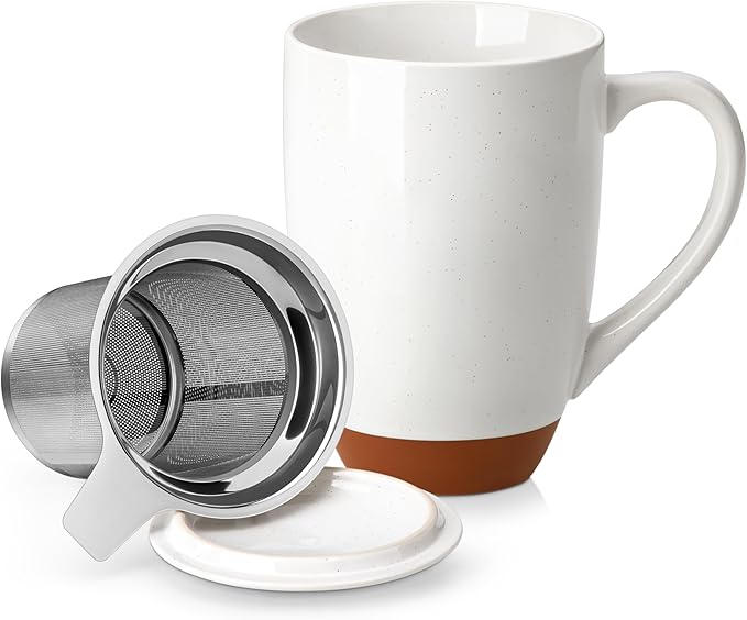 Malacasa Ceramic Tea Mug with Lid and Stainless Steel Infuser, 18 oz Large Tea Cup for Loose Leaf Tea, Heat-Resistant, Microwave & Dishwasher Safe