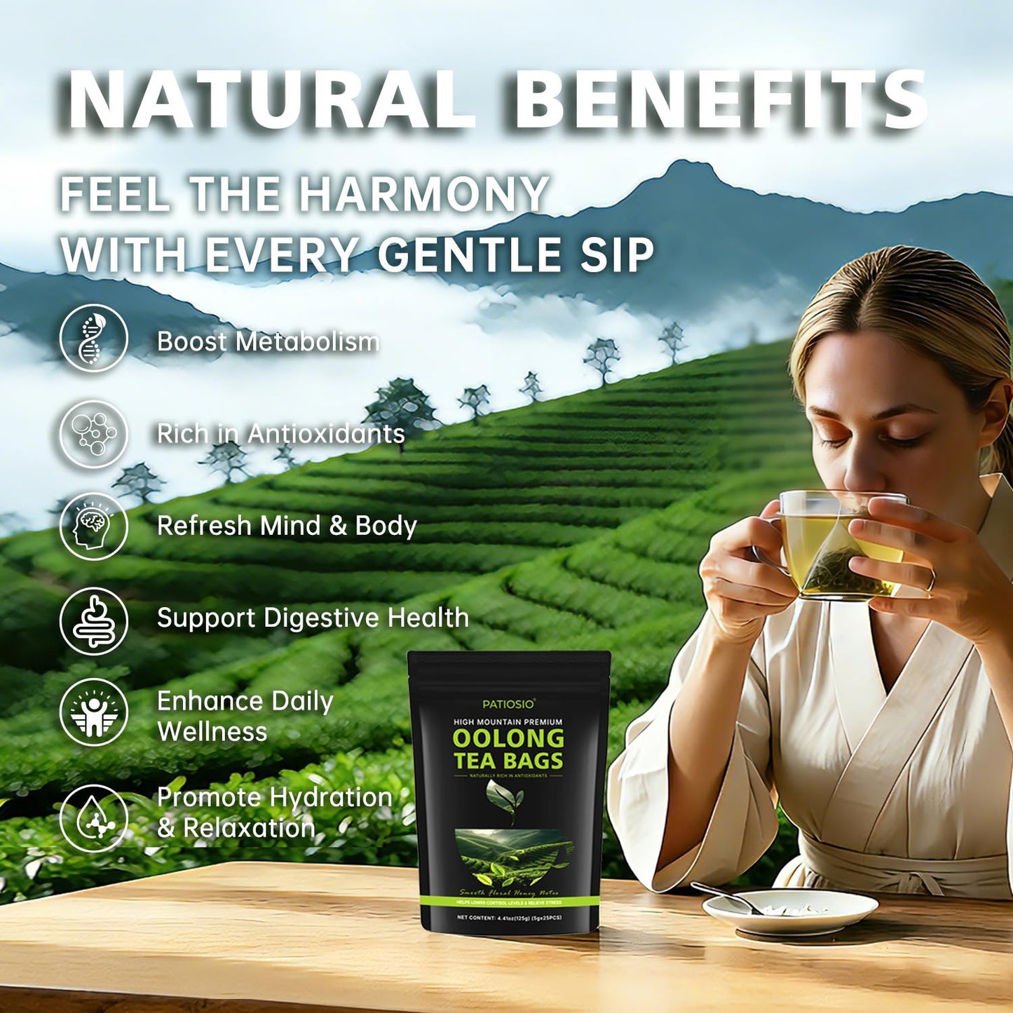 Oolong Tea Bags – Yunnan High-Mountain Oolong Whole Leaf Tea Bags, 25 Bags (5g Each) – Premium Loose Leaf Oolong Tea - Helps Lower Cortisol Levels & Relieve Stress –Smooth Aroma, Non-GMO