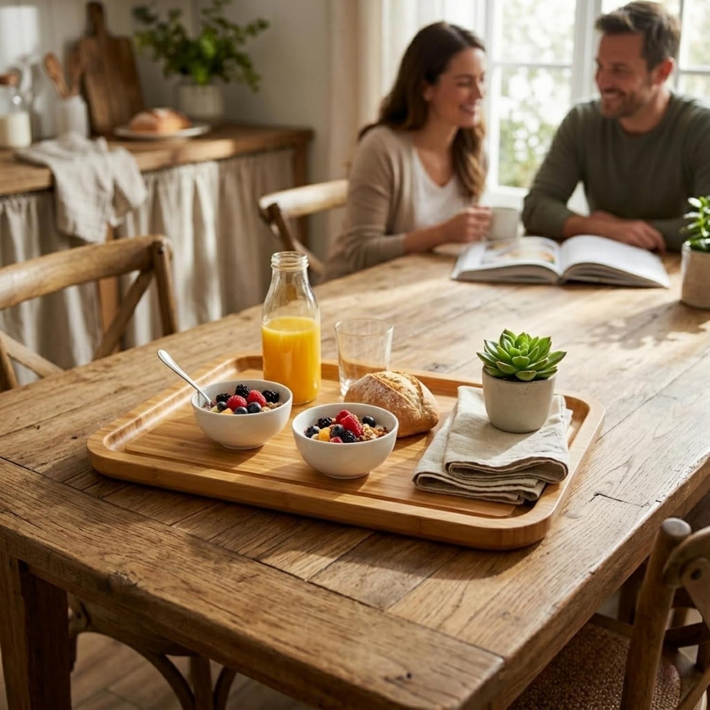 Bamber Large Size Bamboo Serving Tray, Rectangular, 15.5 x 11.8 x 0.8 Inches