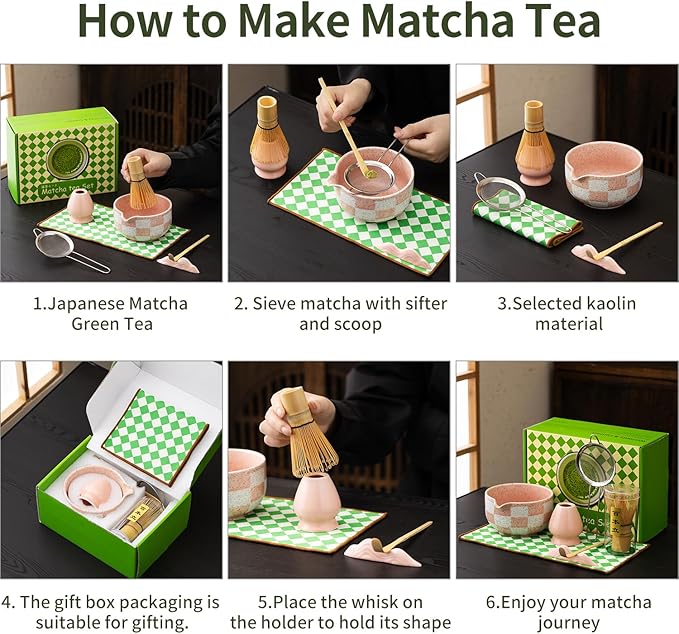 Premium 7-Piece Matcha Tea Set – Traditional Japanese Style with Elegant Grid Pattern, Includes Bamboo Whisk, Ceramic Bowl, Scoop & More