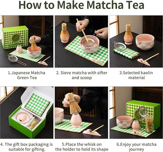 Premium 7-Piece Matcha Tea Set – Traditional Japanese Style with Elegant Grid Pattern, Includes Bamboo Whisk, Ceramic Bowl, Scoop & More
