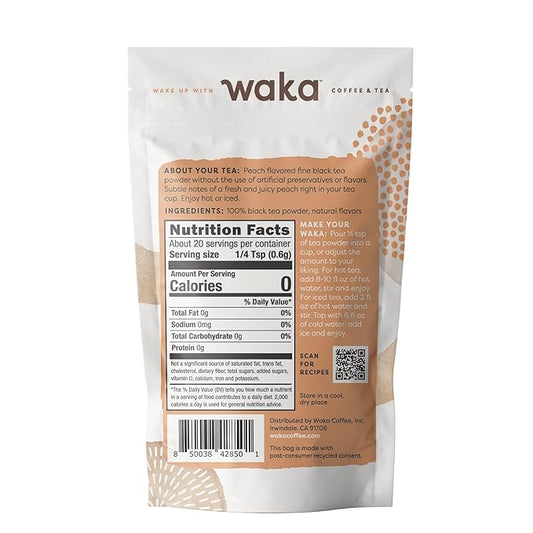 Waka Instant Black Tea Mix, Peach Flavored - 100% Tea Leaves, No Additives, Unsweetened Sample/Travel Size Tea Powder - Easy Quick Hot and Iced Teas, Up to 20 Cups or 5 Quarts (.45oz)