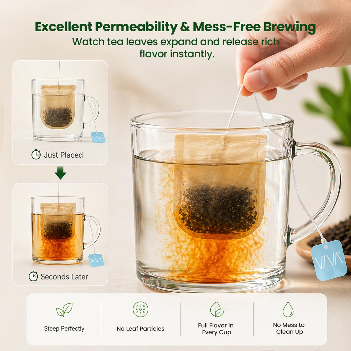 Viva Scandinavia VIVA Large Tea Filter Bags for Loose Leaf Tea, 50 Ct, Microplastic-Free