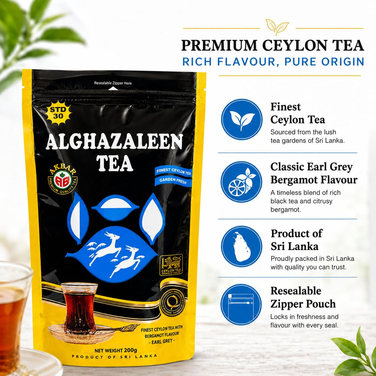 Alghazaleen Loose Leaf Earl Grey Tea, Ceylon Black Tea, 200 g (7.05 oz)