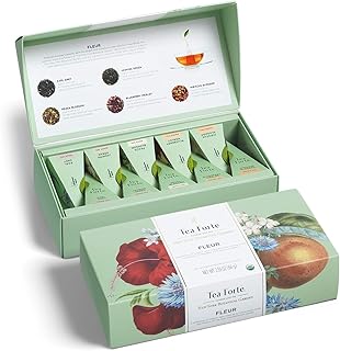 Tea Forte Premium Petite Presentation Box Gift Set Sampler, 10 Count, 2 of Each Blend Individually Wrapped Handcrafted Pyramid Infuser Bags, Fleur Tea
