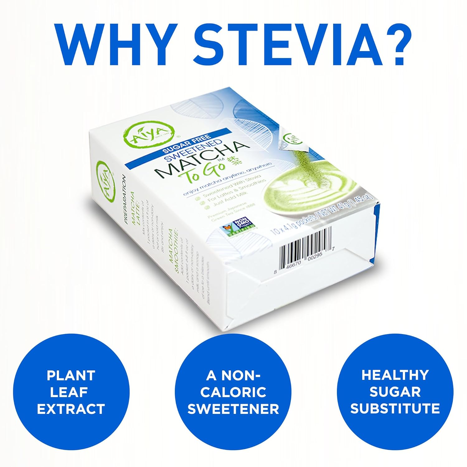 Aiya Sugar-Free Sweetened Matcha To Go Sticks - Stevia Sweetened Packets, Premium Japanese Matcha Powder, Gluten-Free - 10 Single-Serving Sticks