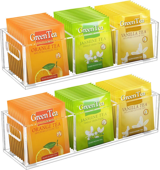 EsLuker.ly Tea Bag Holder Organizer for Counter Small Acrylic Teabag Caddy Storage, 2 Pack Clear Tea Bar Station Accessories with Easy Access for Kitchen Office Countertop Cabinet Drawer