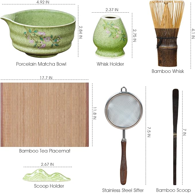 7-Piece Matcha Set with Ceramic Matcha Bowl, Bamboo Whisk (Chasen) & Holder, Sifter, Tea Scoop & Rest, Special Bamboo Tea Mat