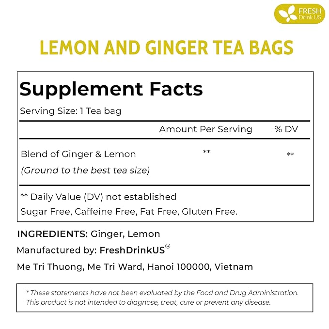 FreshDrinkUS, Premium 150 Lemon Ginger Tea Bags, 100% Natural Ingredients, Hand-made Blend of Lemon and Ginger, Eco-conscious Tea Bags. No Sugar, No Caffeine, Vegan.
