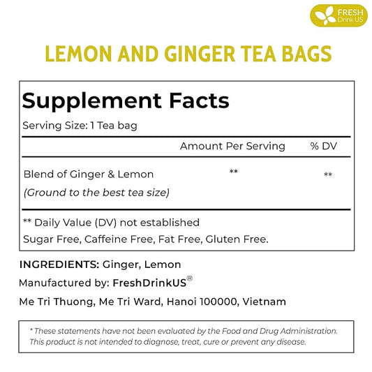 FreshDrinkUS, Premium 150 Lemon Ginger Tea Bags, 100% Natural Ingredients, Hand-made Blend of Lemon and Ginger, Eco-conscious Tea Bags. No Sugar, No Caffeine, Vegan.