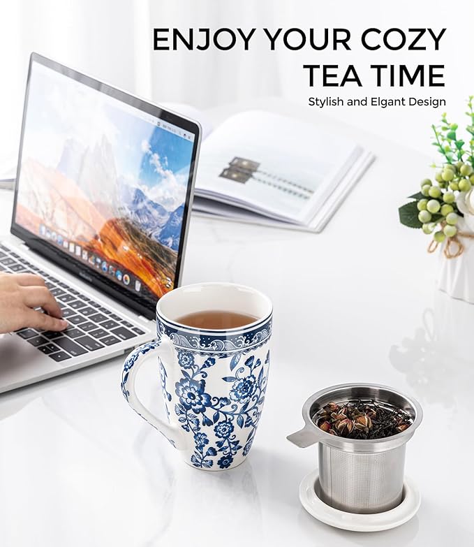 AmorArc Porcelain Tea Mug with Infuser and Lid, 18 Oz Tea Cup with Handle for Loose Leaf Tea, Gift for Tea Lovers of Men and Women