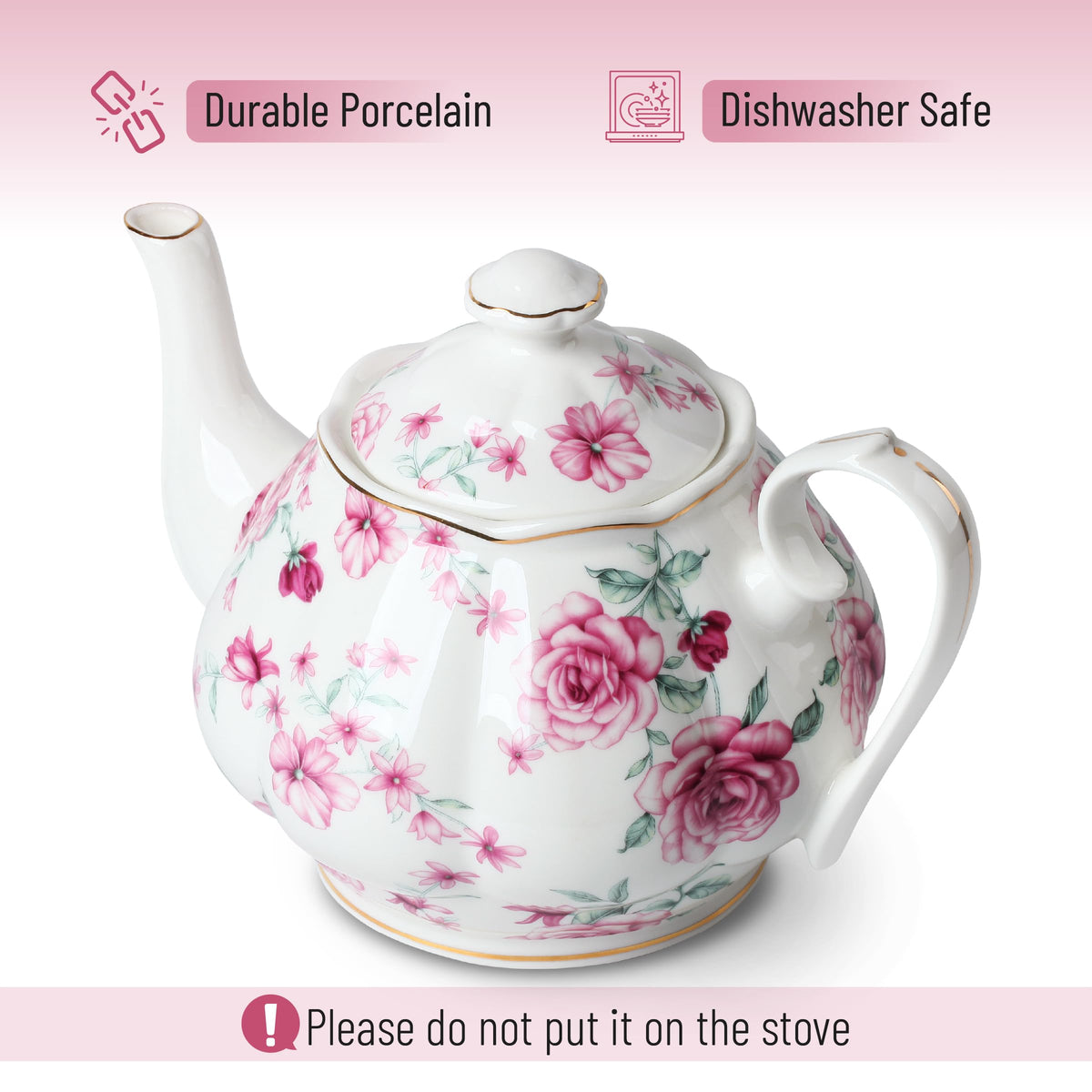 Brew To A Tea BTaT Floral Teapot, 38 oz Bone China, Perfect for Tea Set & Parties