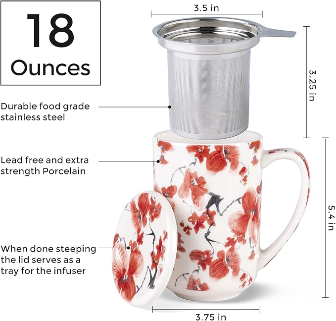 AmorArc Porcelain Tea Mug with Infuser and Lids, 18 Oz Coffee Cup Strainer with Bag Holder for Loose Leaf Tea
