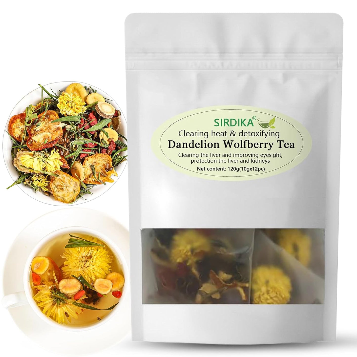 Dandelion Wolfberry Tea - Kidneys &amp; Liver Health Tea, Seven Herbal Ingredients Natural Blend, Dandelion Herbal Tea Bags Organic 120g/12PC (1Bag(12Pcs))