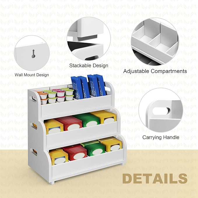 Wisuce Tea Holder for Tea Bags Organizer - White Bamboo Tea Organizer for Tea Bags 3-Tier Stackable Wall Mount Large Capacity Tea Storage Box to Pantry Countertop Kitchen Office