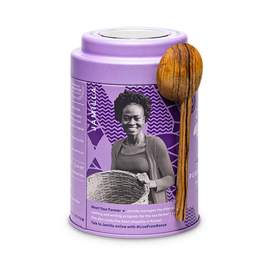 JusTea PURPLE CHOCOLATE Loose Purple Tea, 40+ Cup Tin + Spoon, 1/5 Caffeine | Fair-Trade PURPLE CHOCOLATE Loose Leaf Purple Tea. 100g/3.5oz Tin with a Hand-Carved Tea Spoon. 1/5 Caffeine. Organic.