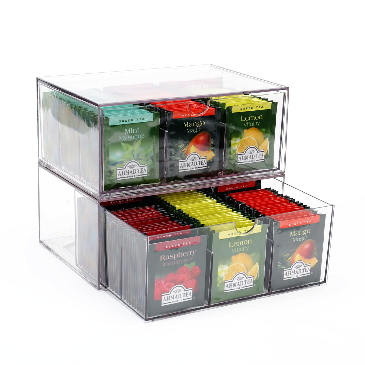 CLUQMEIK 2 Large Acrylic Tea Bag Organizer, 9 Grids Tea Organizers and Storage with Acrylic Drawers Stackable, Teabag Holder