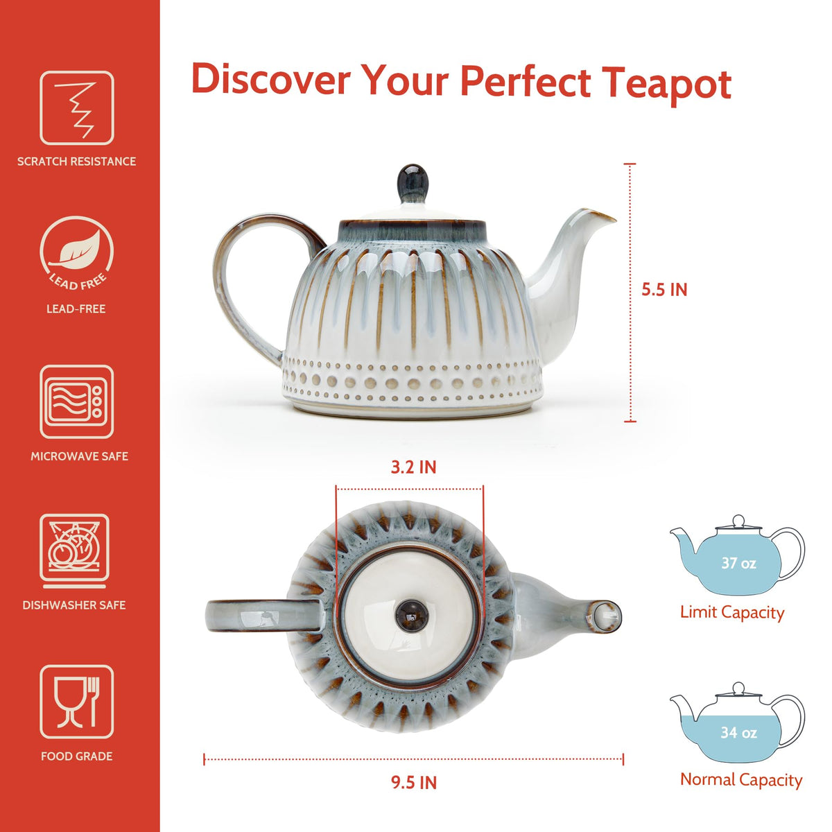 Sweese Ceramic Teapot, Beaded Retro Flower Glaze, 1100ml/37 oz Large Tea Pot for Loose Tea or Bags, Enough for 4 Cups, Nebula