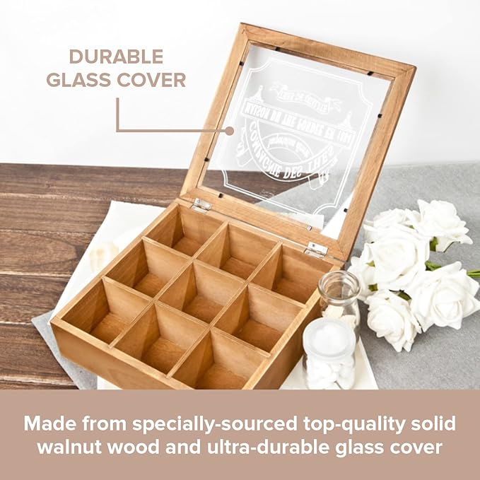 9-Slot Mini Wooden Storage Box with Glass Cover (9.44x9.44x2.8in) Collectibles Display Case - Square Wood Organizer Box with Dividers