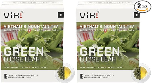 VIXI Green Tea Loose Leaf, (16.00 Oz), Vietnam's Mountain Tea, Caffeinated, Dried Whole Full Large Leaves, 100% Natural, Perfect for Hot and Cold Brew (Pack of 2)