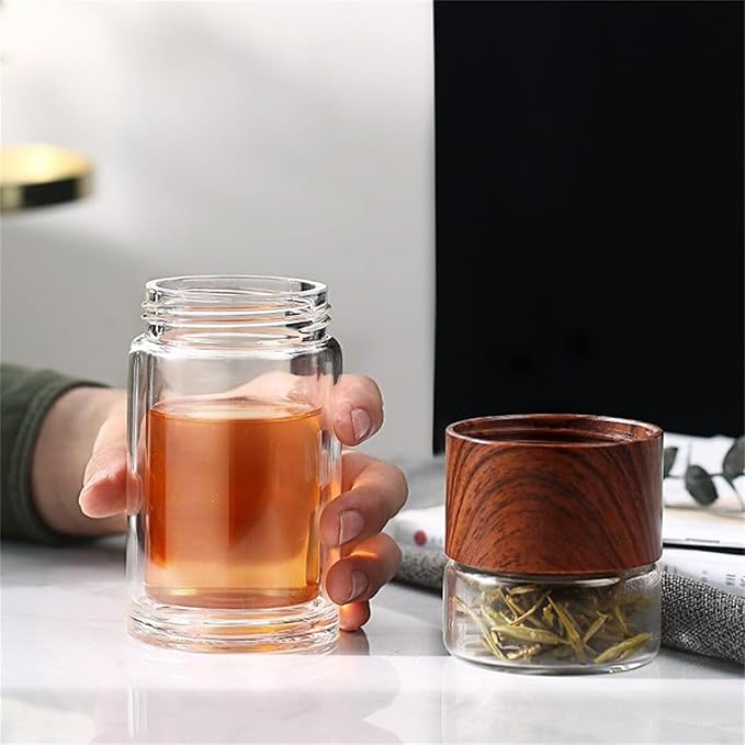 Glass Infuser, 3-in-1 smart Tea Infuser Double Wall Glass Teacup with infuser for Loose Tea, Portable Teas Steeper (Black, 12oz)