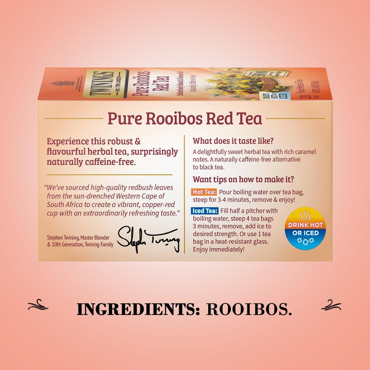 Twinings Pure Rooibos Red Tea - A Naturally Sweet and Tangy Red Tea, Caffeine-Free Herbal Tea Bags, Individually Wrapped, 20 Count (Pack of 2)