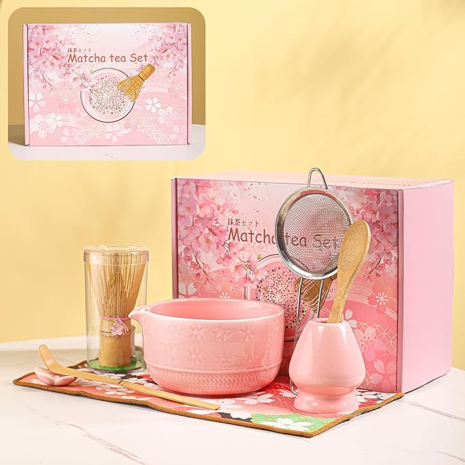 8-Piece Matcha Tea Set with Ceramic Bowls (Flower Pattern), Bamboo Whisk, Scoop, Spoon & Pink Sakura