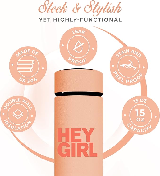 Hey Girl Tea Infuser Bottle 450ml - Insulated Stainless Steel Water Bottle - Tea Tumbler with Tea Diffuser