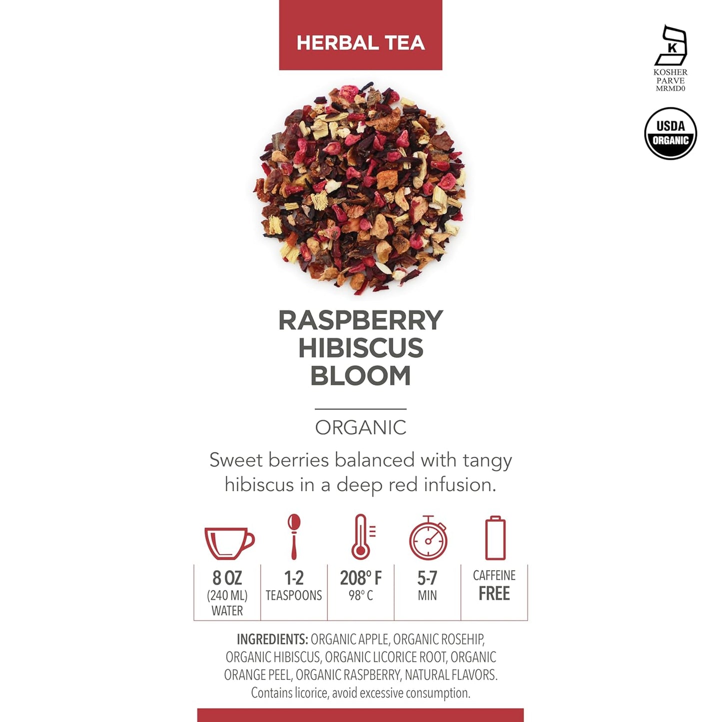 Teabloom Organic Herbal Tea, Raspberry Hibiscus Bloom Loose Leaf Tea, Fragrant and Fruity with Natural Berries, USDA and EU Certified Organic, Fresh Whole Leaf Blend in Reusable Gift Canister, 4.94 oz/140 g Canister Makes 35-50 Cups