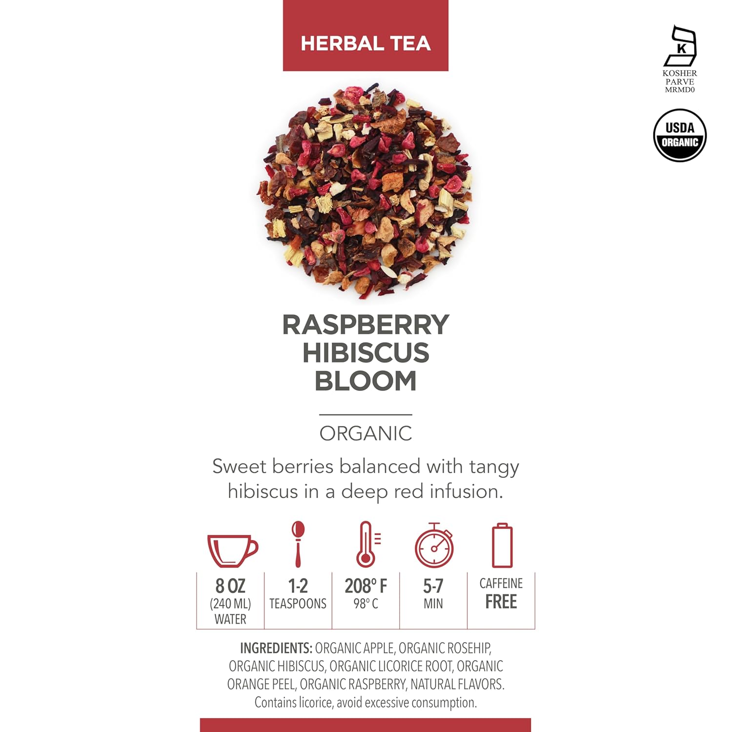 Teabloom Organic Herbal Tea, Raspberry Hibiscus Bloom Loose Leaf Tea, Fragrant and Fruity with Natural Berries, USDA and EU Certified Organic, Fresh Whole Leaf Blend in Reusable Gift Canister, 4.94 oz/140 g Canister Makes 35-50 Cups