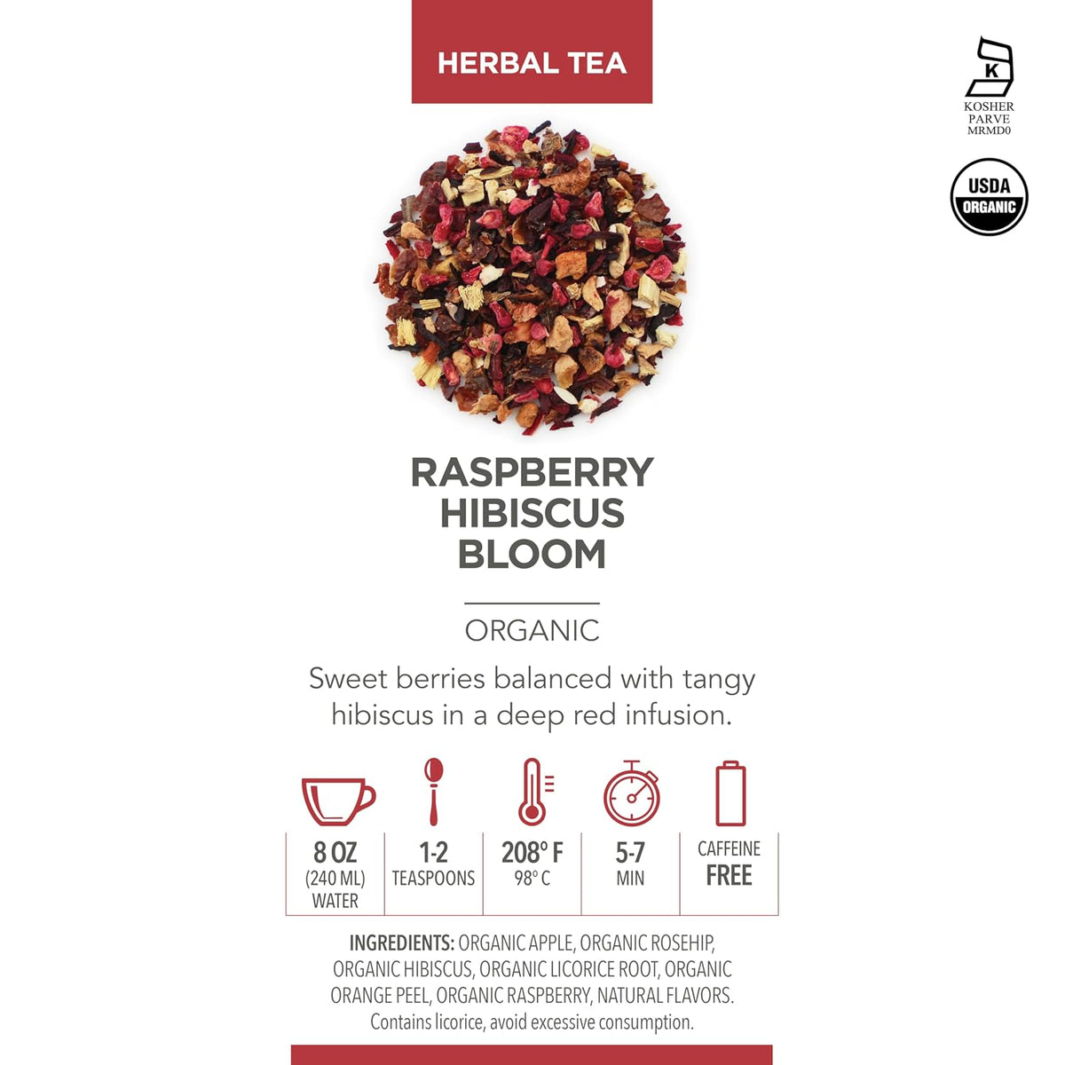 Teabloom Organic Herbal Tea, Raspberry Hibiscus Bloom Loose Leaf Tea, Fragrant and Fruity with Natural Berries, USDA and EU Certified Organic, Fresh Whole Leaf Blend in Reusable Gift Canister, 4.94 oz/140 g Canister Makes 35-50 Cups