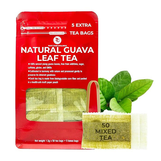 Guava Leaf Tea Bags - 55 Count (+5 Tea Bags) - 4.06 oz with Bamboo Tong, Handpicked & No Sugar Added, No Caffeine, Re-Steep Herbal Tea