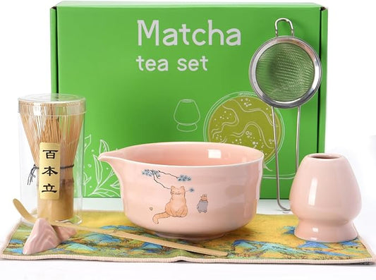 Matcha Whisk Set, Ceramic Matcha Set Includes Matcha Bowl, Matcha Whisk and Holder, Bamboo Scoop, Scoop Rest, Sifter and Tea Towel
