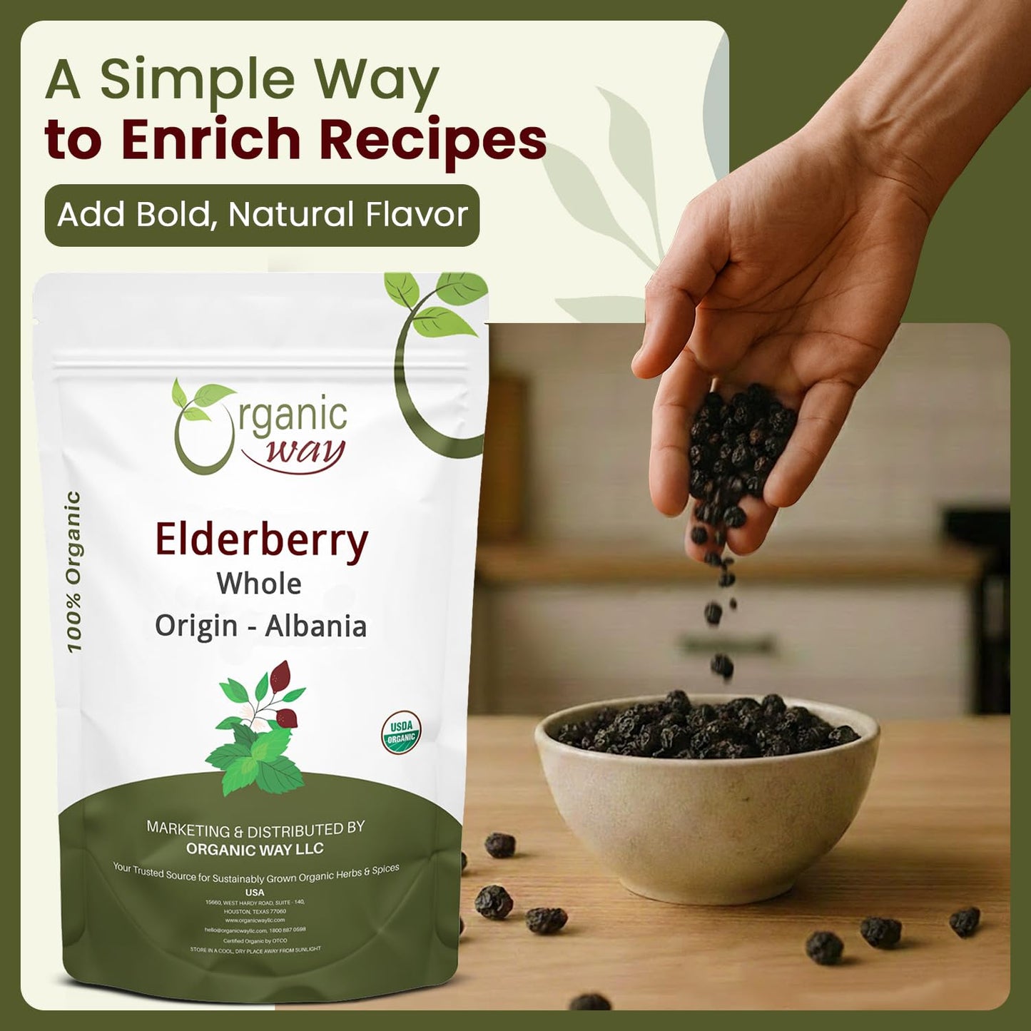 Organic Way Dried Elderberry Whole - Herbal Tea | European Wild-Harvest | Kosher &amp; USDA Certified | Non-GMO &amp; Gluten Free | Tested for Purity | 100% Raw from Albania (1/4LBS / 4Oz)