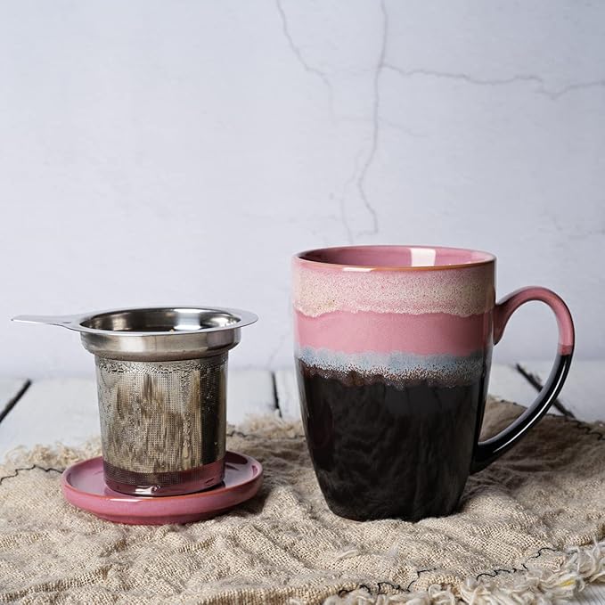 Bosmarlin Ceramic Tea Cup with Infuser and Lid, 13.5 Oz, 4 Colors to Choose, Dishwasher and Microwave Safe, Reactive Glaze, Steeping Tea Mug with Strainer