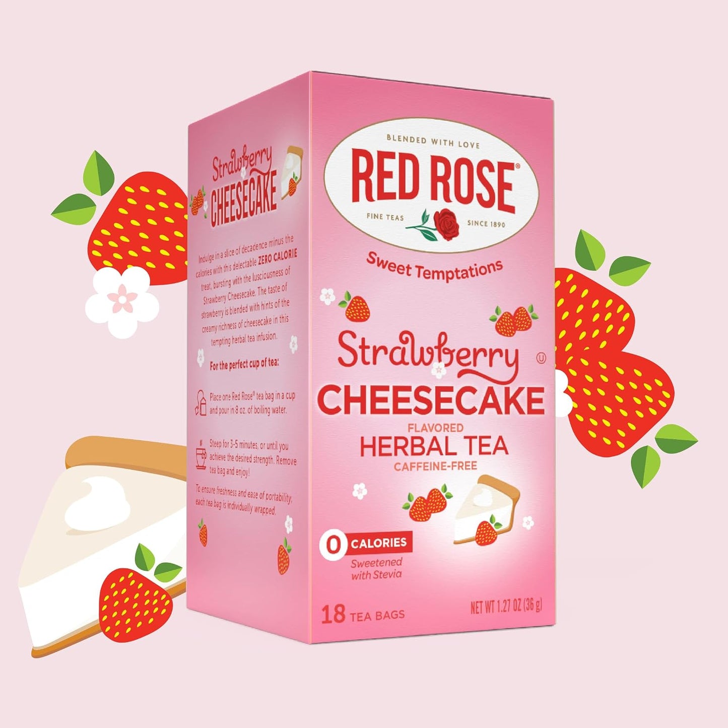 Red Rose Sweet Temptations Strawberry Cheesecake Herbal Tea, 6 Pack | Sweet, dessert-inspired herbal tea | Naturally flavored | Caffeine-free | Ideal sweet treat