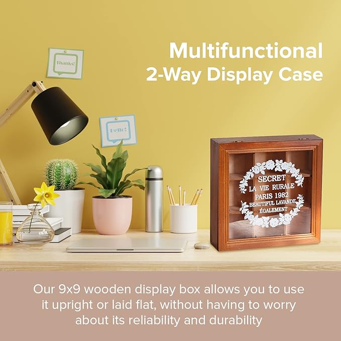 9-Slot Mini Wooden Storage Box with Glass Cover (9.44x9.44x2.8in) Collectibles Display Case - Square Wood Organizer Box with Dividers