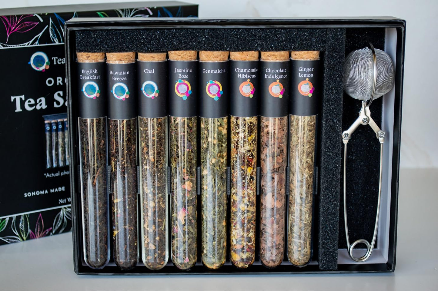 Tea & Trumpets, Organic Loose Tea Sampler Gift Set with Infuser (8 Teas, 30+ Cups) - Green Tea, Black Tea, Herbal Tea, and infuser | Gifts for women, Men and Adults | Tea Gift Sets