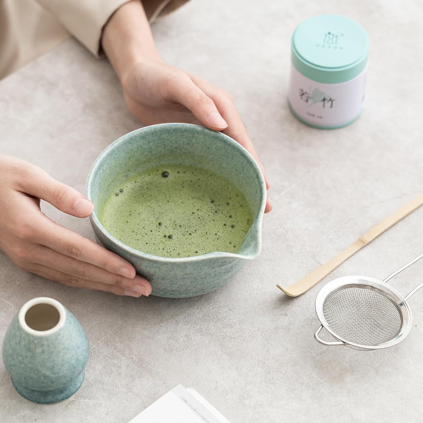 Ochcahser Matcha Set, Matcha Whisk Set Includes 17 oz Matcha Bowl | Matcha Holder, Bamboo Matcha Whisk and Scoop, Sifter, 5 Pce Mottled Blue Glaze Ceramic Matcha Kit for Tea Lovers.