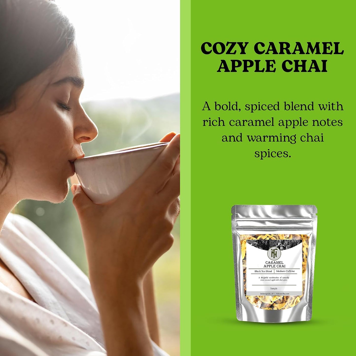 Nelson's Tea Caramel Apple Chai Dessert Loose Leaf Tea, Sample 0.5 Oz | Cinnamon • Cardamom • Spiced • Chai • Black Tea • Rooibos • Chai Loose Leaf • Red Rooibos • Loose Leaf Tea