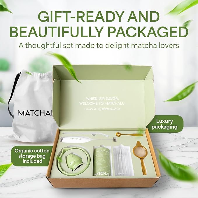 Matcha Whisk Set With Ceramic Matcha Bowl, Bamboo Whisk & Holder, Stainless Steel Spoon & Sifter, Glass Cup & Straw, Electric Frother, Storage Bag - Gift for Matcha Lovers (Premium 9-Piece Set Green)