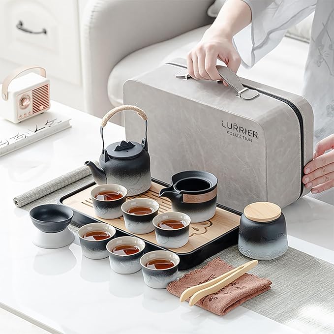 LURRIER Gongfu tea sets, Portable Ceramic TeaSet, Asian Tea sets for adult, Tea Gift sets, Grey leat