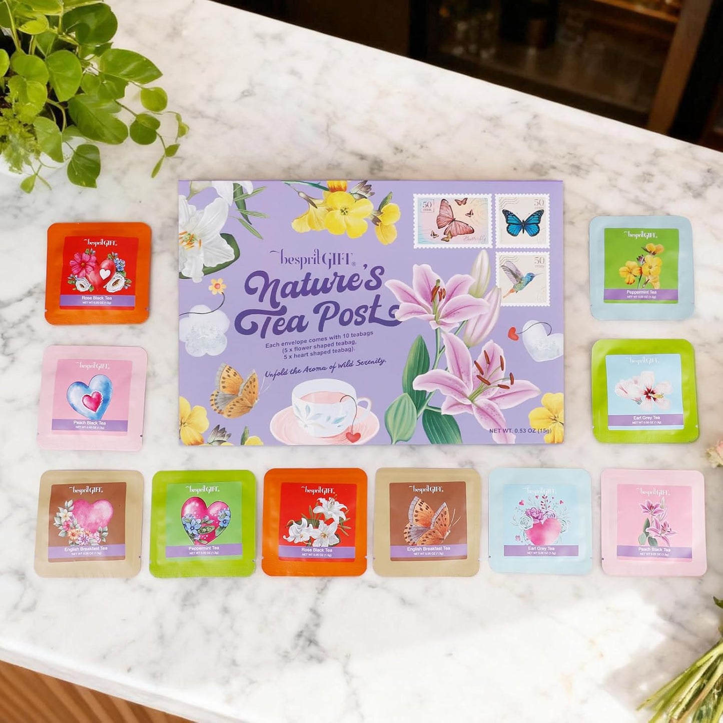 Novelty Tea Bags - 10 Count (5 Heart + 5 Flower Shaped) | 5 Unique Flavors Tea Sampler, Floral-Themed Gift Set for Tea Lovers