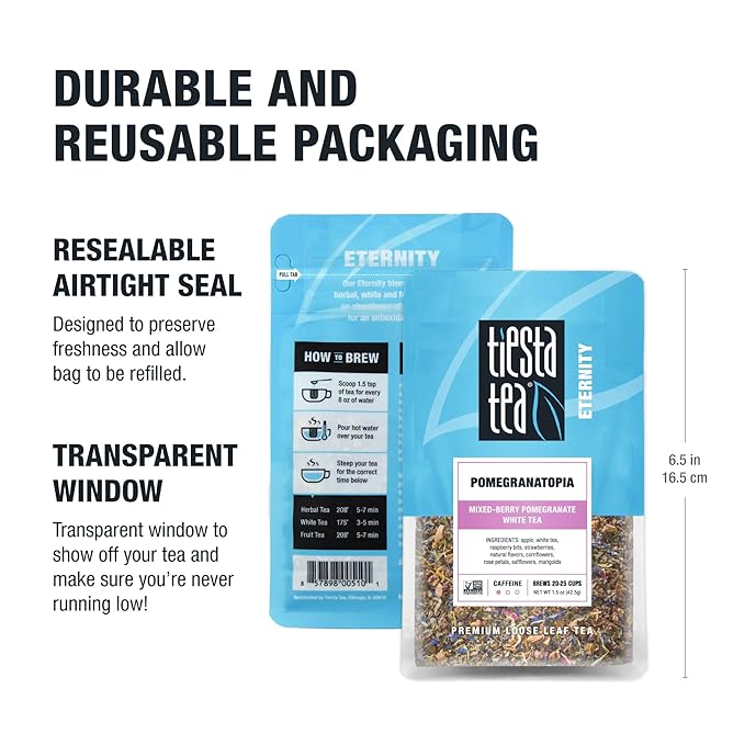 Tiesta Tea Pomegranatopia – Premium Loose Leaf Mixed-Berry Pomegranate White Tea | Low-Caffeine Blend | Hot & Iced | 1.5 Ounce Resealable Pouch | Brews Up to 25 Cups