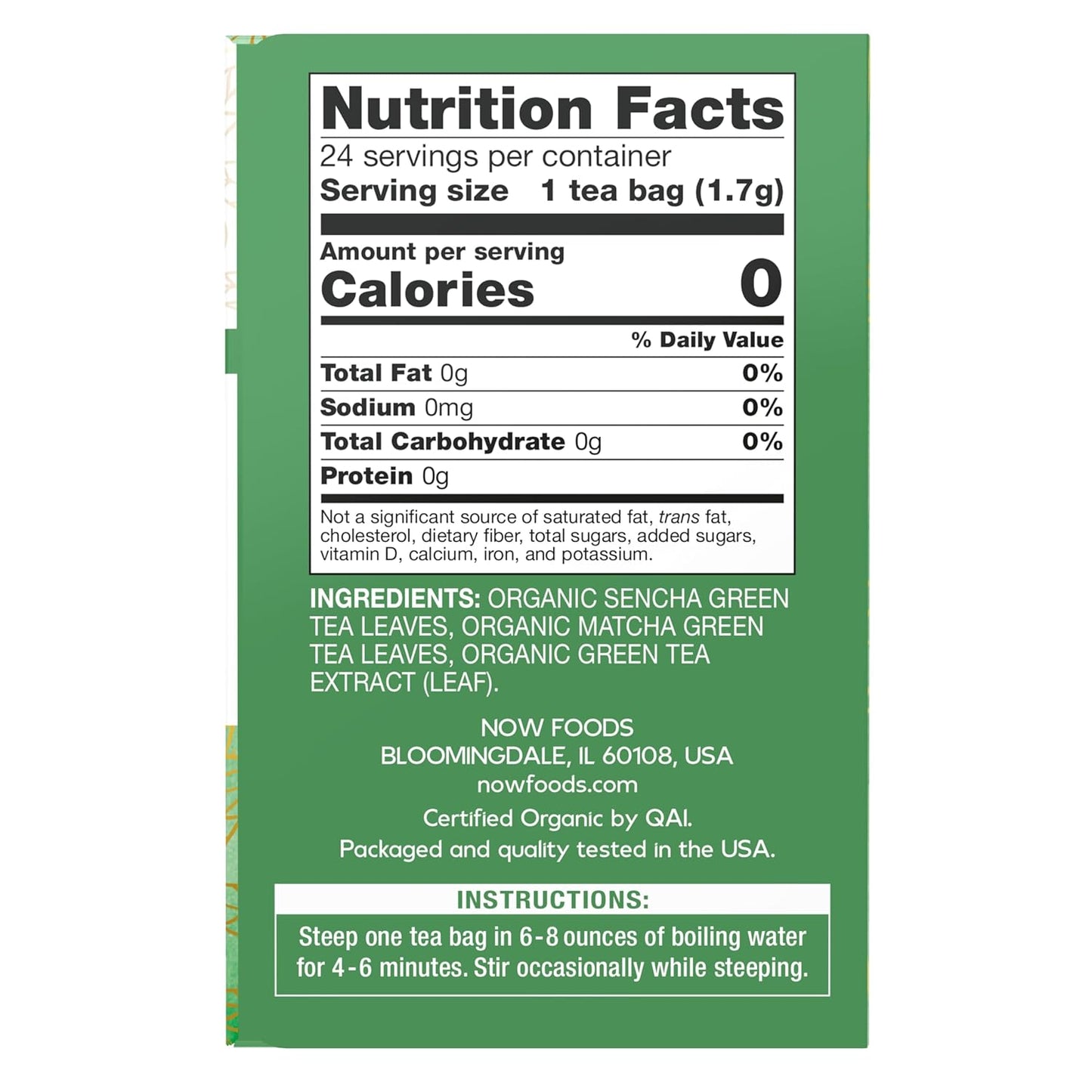 NOW Foods, Certified Organic Green Kick Tea, with Polyphenols, Premium Unbleached Tea Bags with No-Staples Design, No Added Colors, Preservatives, Flavors, or Sugars, 24-Count