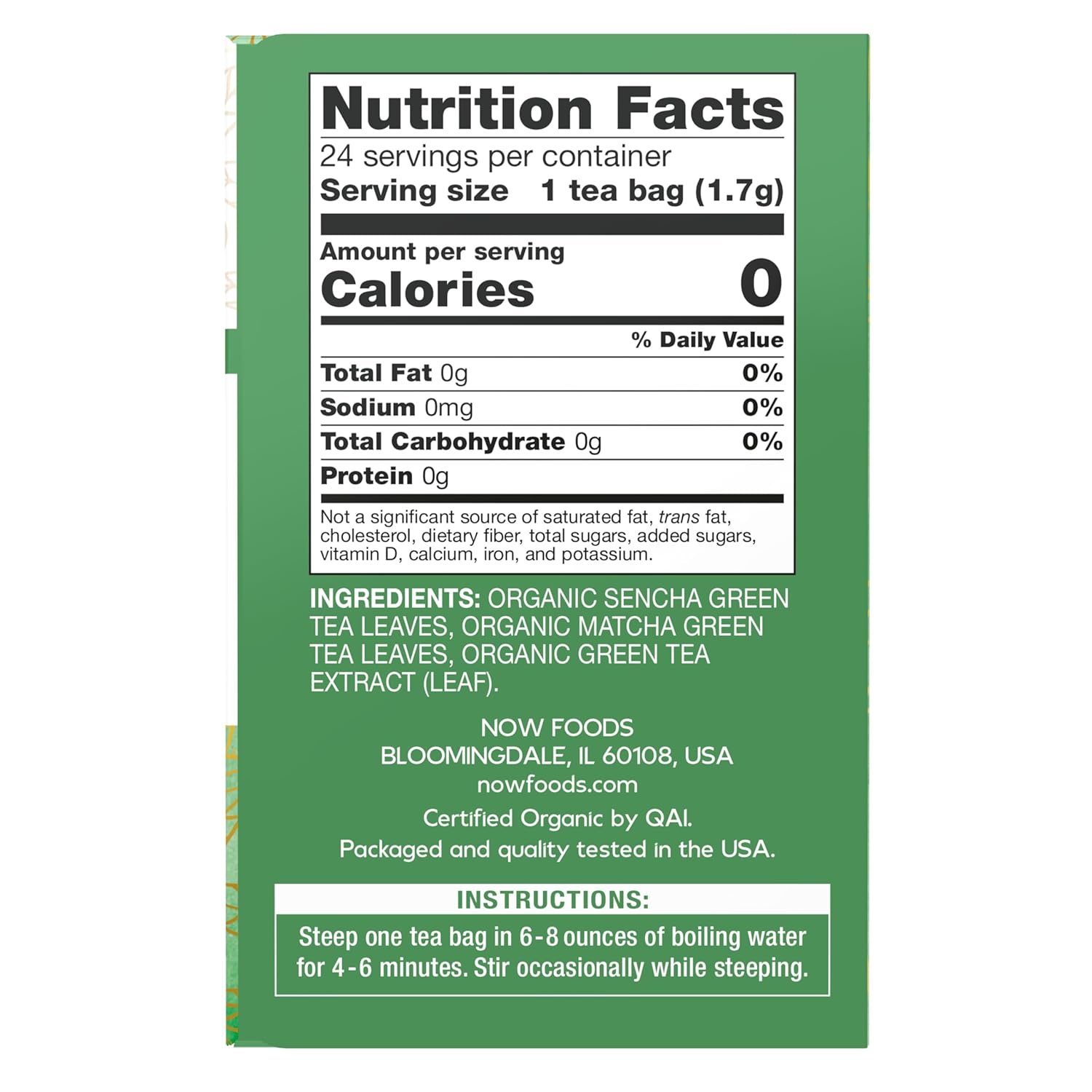 NOW Foods, Certified Organic Green Kick Tea, with Polyphenols, Premium Unbleached Tea Bags with No-Staples Design, No Added Colors, Preservatives, Flavors, or Sugars, 24-Count
