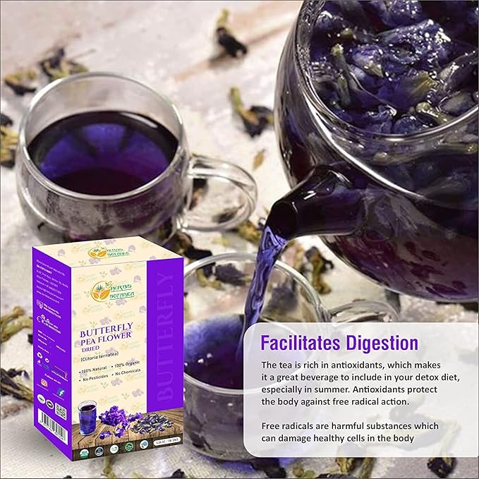 Herbs Botanica Dried Butterfly Pea Flowers For Tea Premium Herbal Tea 100% Clitoria Ternatea Flower Non Toxic, Vegan, Caffiene Free