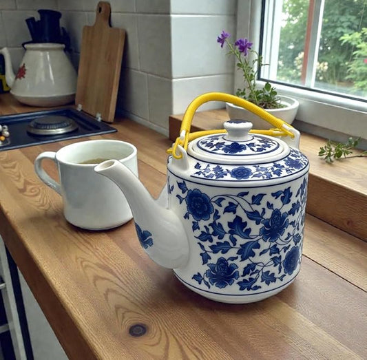 Large Teapot Blue and White Tea Pot Porcelain 66 OZ Floral (Lotus Vine)